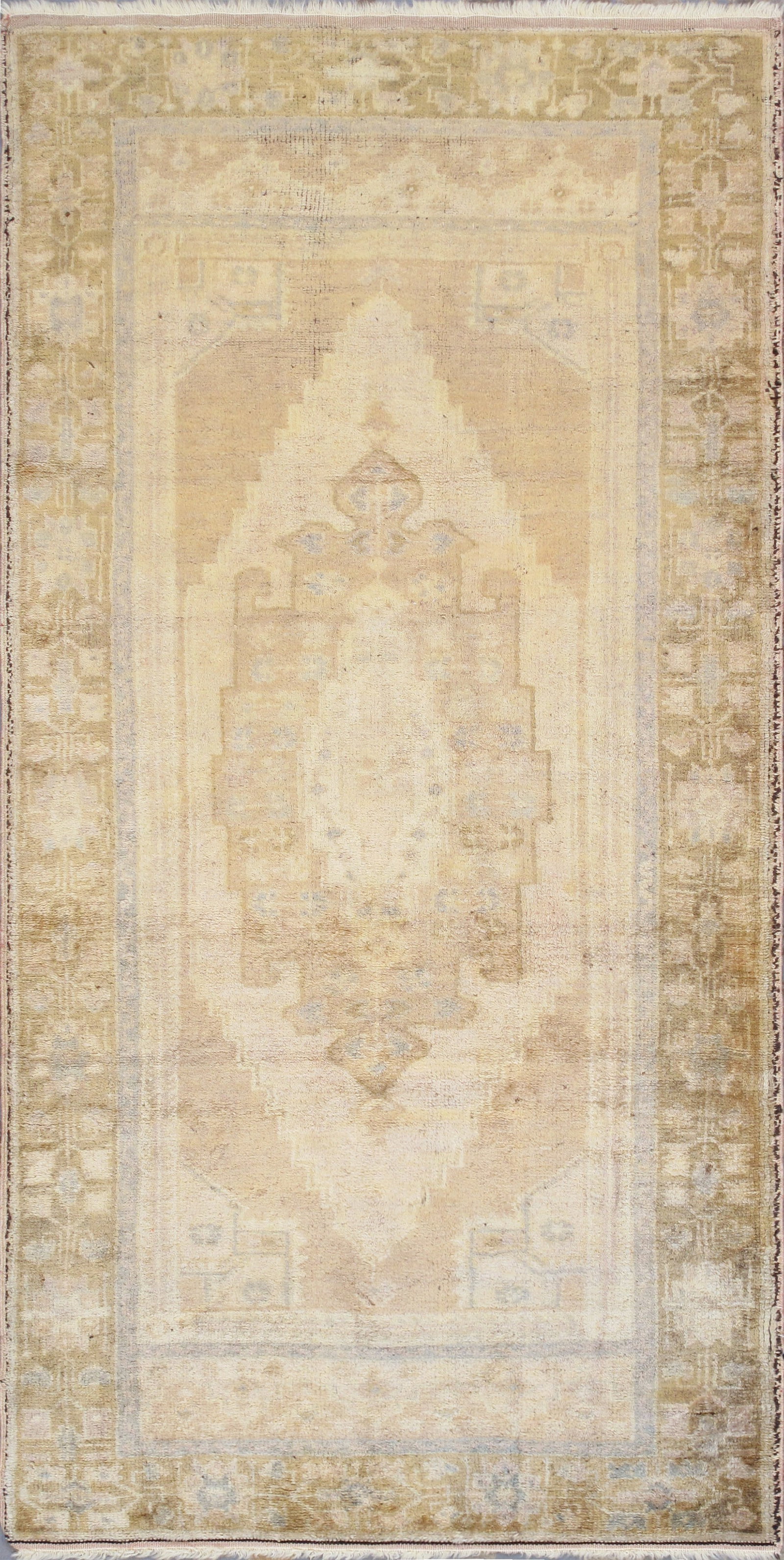 Vintage Anatolian Hand-Knotted Medallion Rug, 3' 4'' X 6' 7'': A finely hand-knotted Turkish Anatolian rug, executed in the soft tones of camel and brown. Crafted from the finest lamb’s wool, the 3'4" by 6'7" example features a traditional allover design, s
