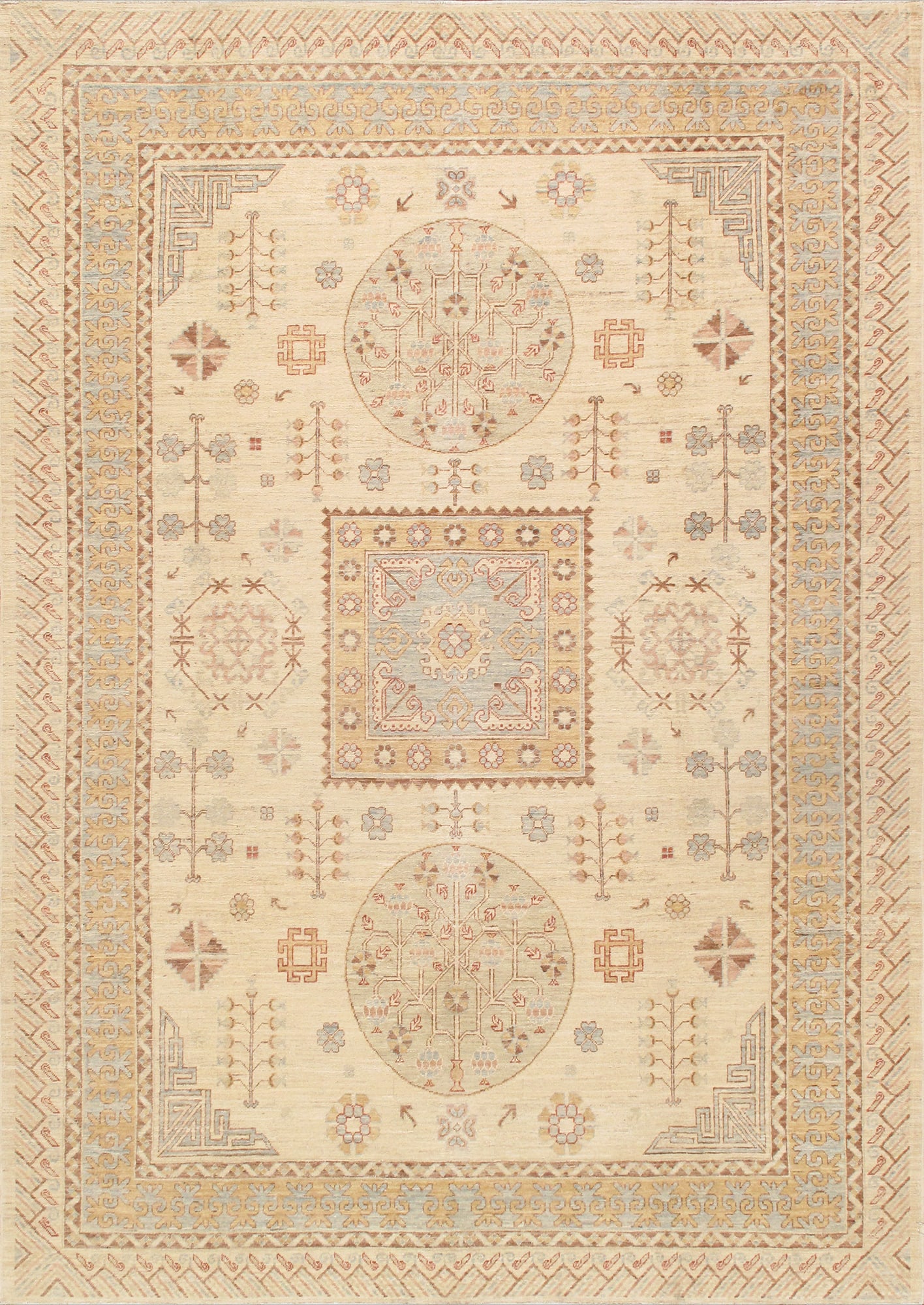 Khotan Hand-Knotted Beige/L.Blue Wool Area Rug- 8' 4" X 11'10", Beige: Meet Pasargad Home Khotan Collection. This gorgeous decorative area rug brings you a sophisticated look with a modern soft color choice. With a symphony of floral, vines and latticework detailing, the