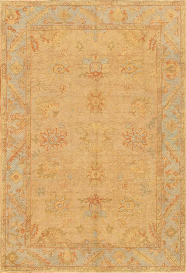 Turkish Oushak Hand-Knotted Wool Area Rug, Camel/L. Blue- 7' 7'' X 11' 2'' (1 of 2)