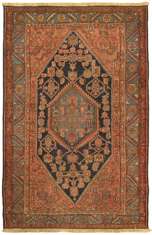 Antique Persian Hamadan Medallion Rug, Navy Field with Light Blue Border, 4' 0'' X 6' 0'': A charming antique Persian Hamadan rug distinguished by a bold central medallion set against a deep navy field, elegantly framed by a soft light blue border. hand-crafted in durable lamb’s wool, the