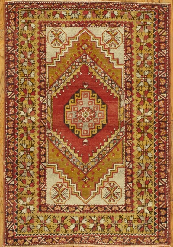 Vintage Anatolian Hand-Knotted Medallion Rug, 3' 4'' X 5' 0'': This Vintage Turkish Anatolian rug is hand-knotted from the finest lamb’s wool and displays a traditional allover design in warm coral and gold tones. Measuring 3 by 5 feet, it reflects the meti