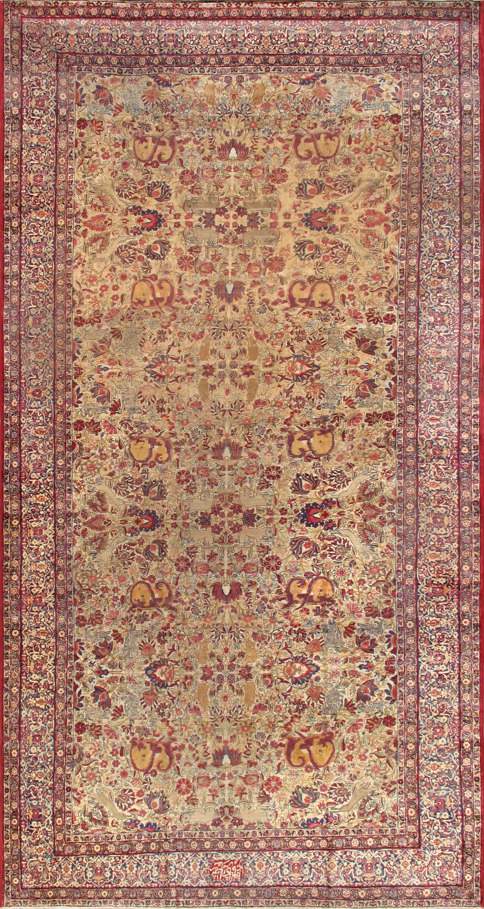 Antique Persian Kermanshah Allover Carpet, 9' 9'' X 18' 8'': A magnificent antique Persian Kermanshah carpet showcasing an intricate all-over floral and animal motif set against a warm beige field. Finely hand-knotted in lustrous lamb’s wool, the design f