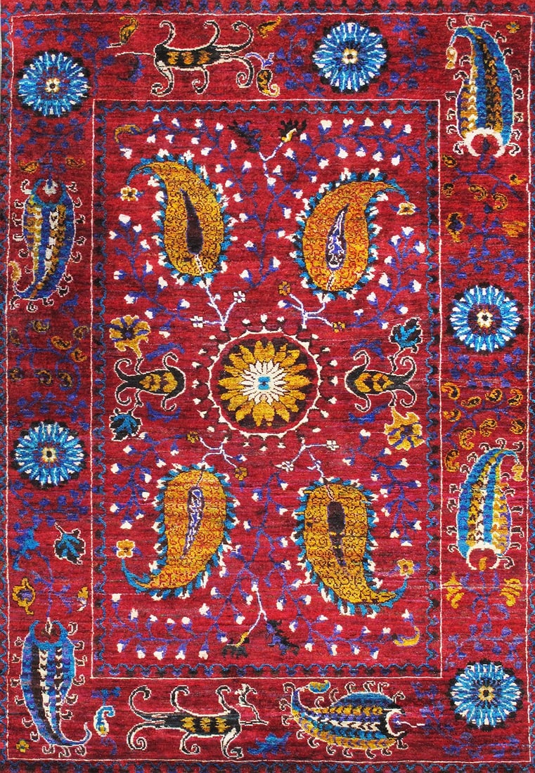 Suzani Hand-Knotted Sari Silk Area Rug- 5' 5" X 8' 0", Red: Meet the Pasargad Home Suzani Collection, a stunning expression of artistry and craftsmanship. Inspired by traditional Suzani textiles, these hand-knotted rugs feature a beautiful symphony of floral m
