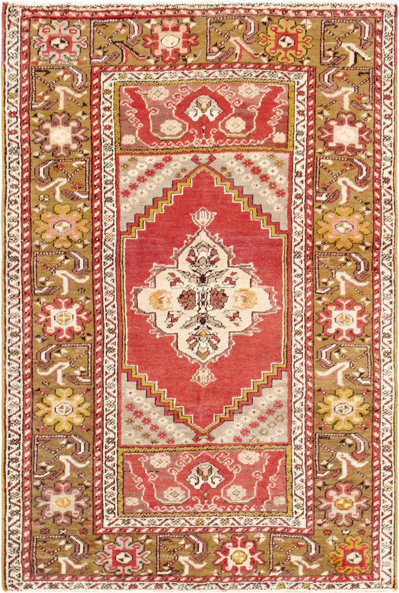 Vintage Anatolian Hand-Knotted Medallion Rug, 3' 7'' X 5' 5'': Finely hand-knotted in lustrous lamb’s wool, the compact rectangular carpet centered by an elegant medallion within a delicately ornamented field, rendered in warm coral and camel tones. The har