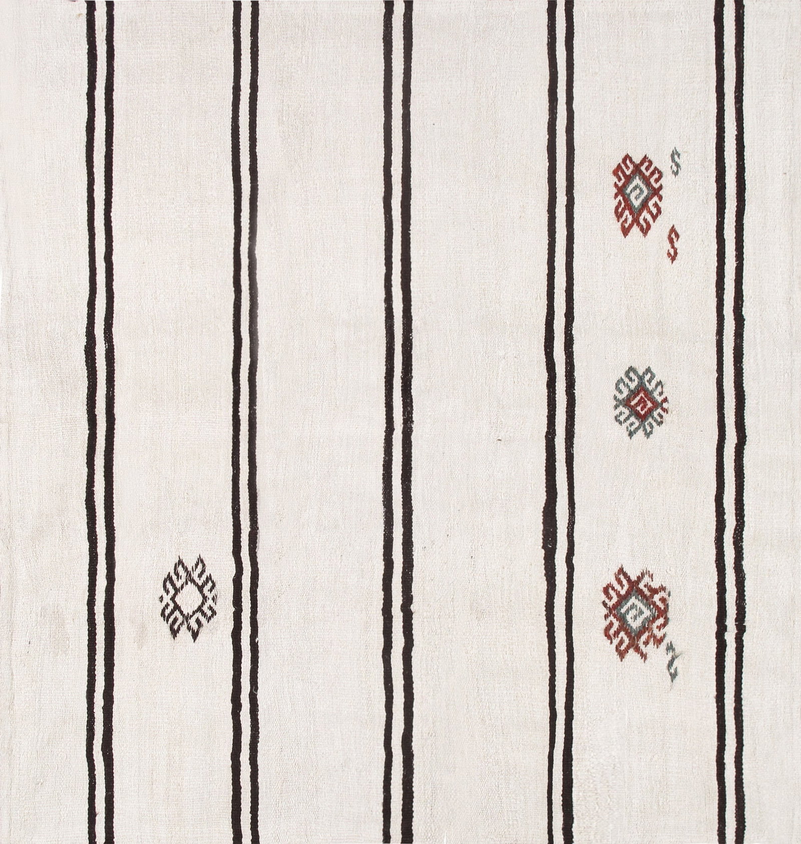 Vintage Unique Turkish Kilim Rug, 5' 4'' X 6' 0'': Handwoven in durable hemp, the rectangular flatweave executed in a striking ivory and black palette with a bold allover geometric design. The crisp contrast and rhythmic patterning exemplify the graph