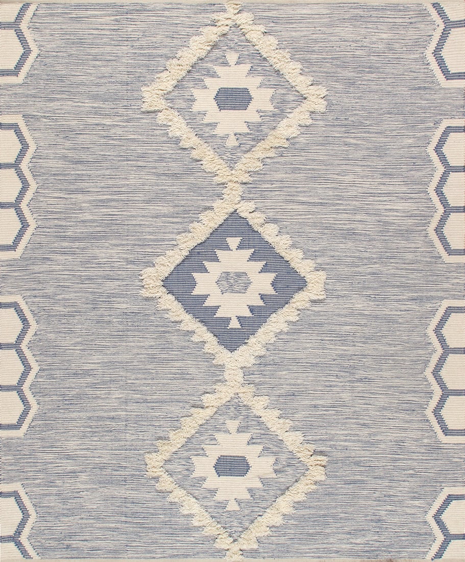 Santa Fe Wool Area Rug- 9' 0" X 12' 0", Ivory/lue: With bold and symmetrical designs, the Pasargad Santa Fe Collection is the perfect addition to any room. These artfully designed details are hand-knotted and given texture with Flat Weave and pile tec