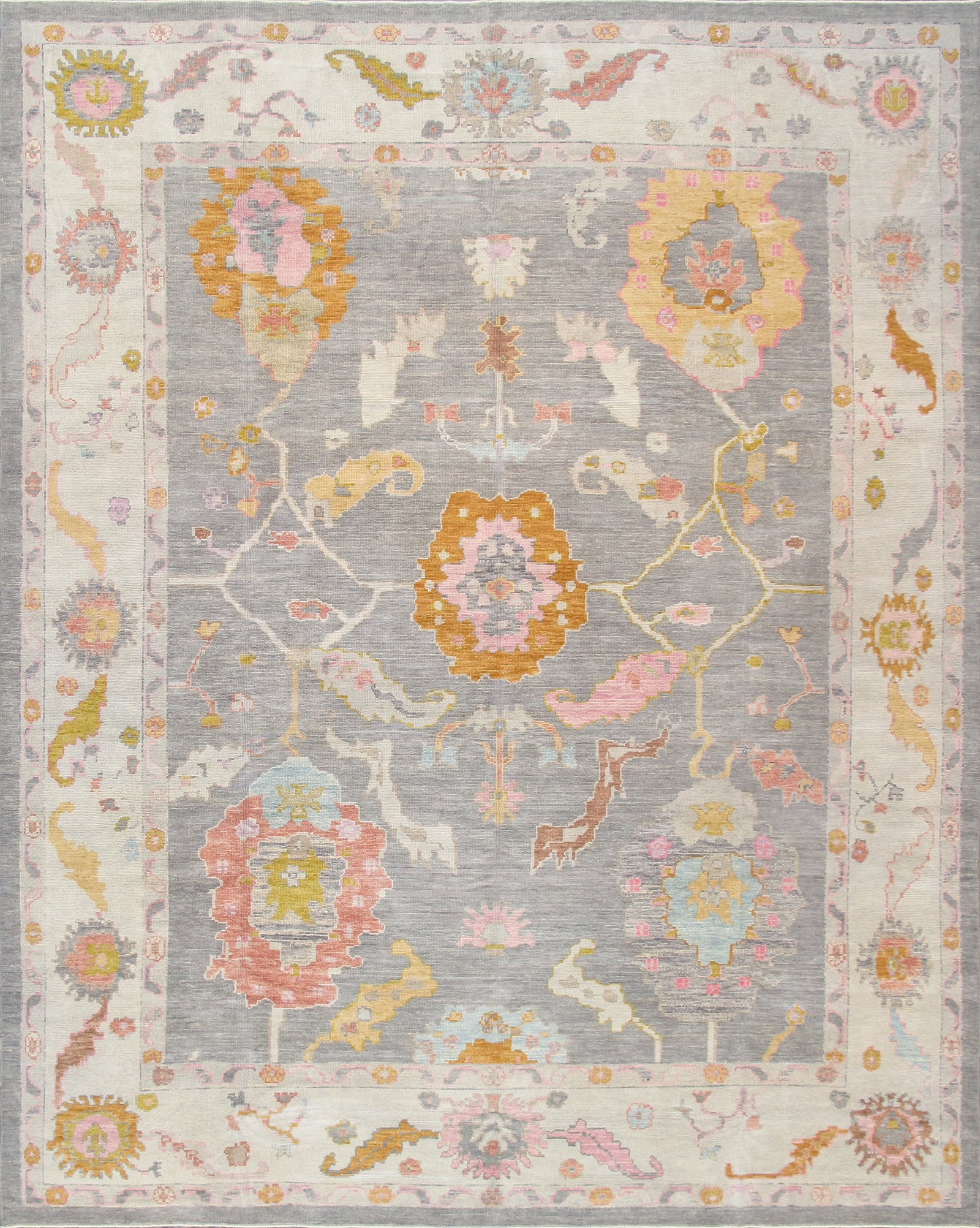 Turkish Oushak Hand-Knotted Wool Area Rug-11' 6" X 14' 6": The Oushak Collection reflects the enduring character of traditional hand-knotting, defined by its floral motifs and softened, tonal palette. Each rug is hand-knotted from hand-spun lamb’s wool, res