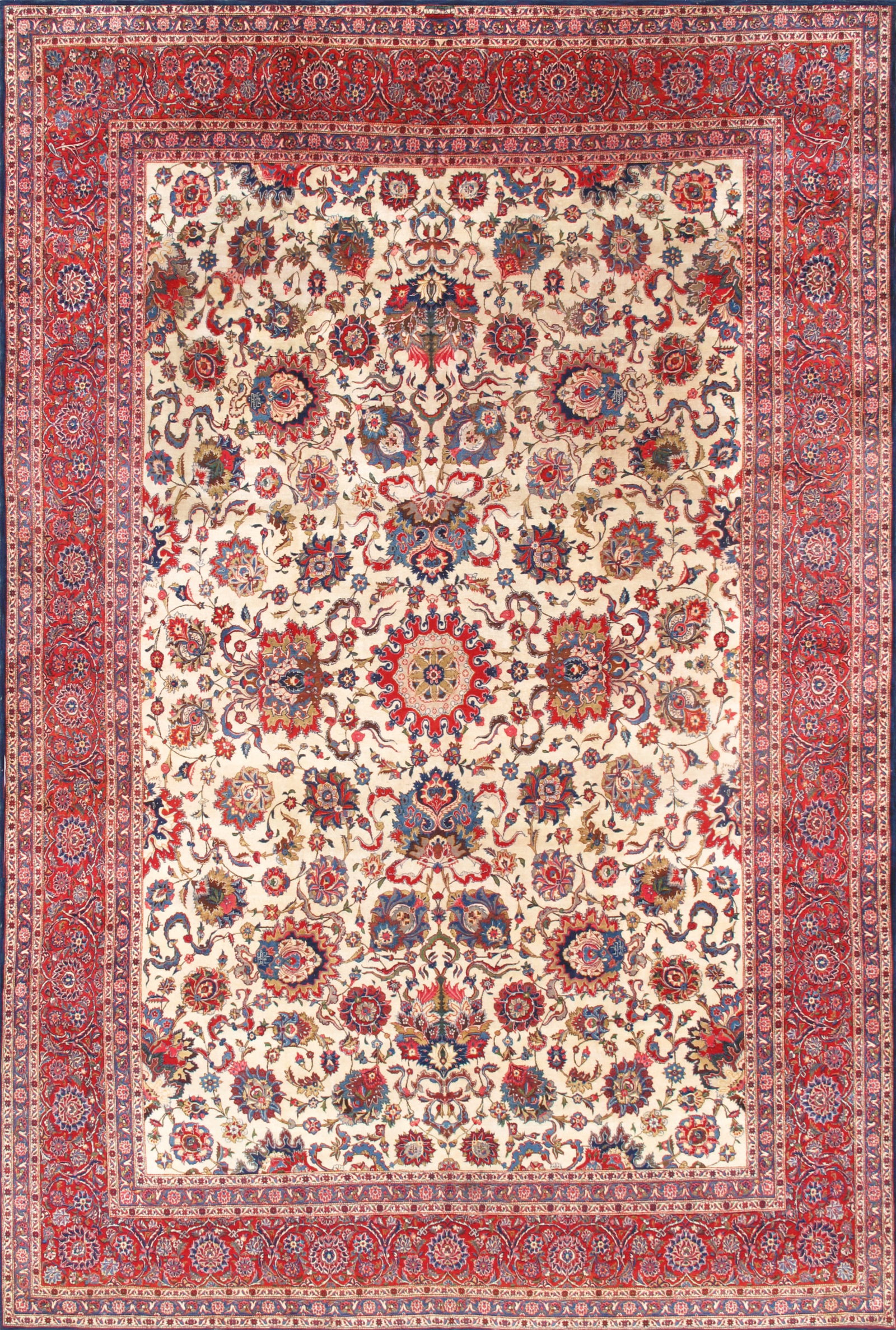 Antique Persian Kashan Wool Carpet, Ivory/Red, 10' 7" x 17' 0": Add timeless elegance to your home with this Antique Kashan Wool Beige Area Rug. Featuring a classic Persian floral design in ivory and red color, it complements both traditional and modern interiors.