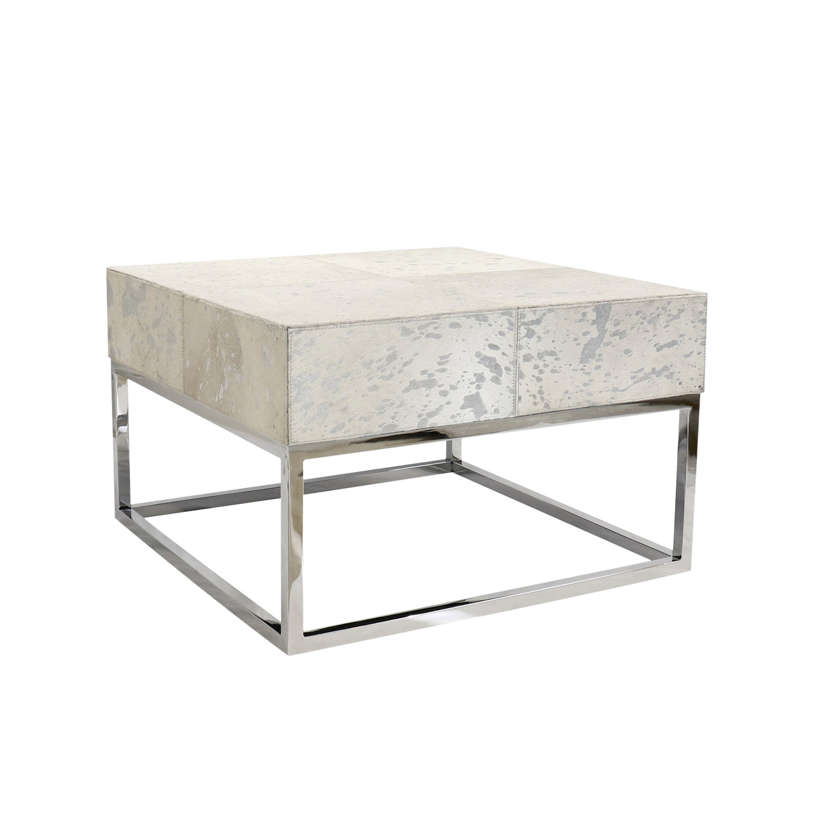 Safari Silver Foil Cowhide Coffee Table with Stainless Steel Frame: Introducing our Safari collection. an exotic collection of bright cowhides complimented by foil. This contemporary collection exudes luxury and is sure to bring flair to any room.