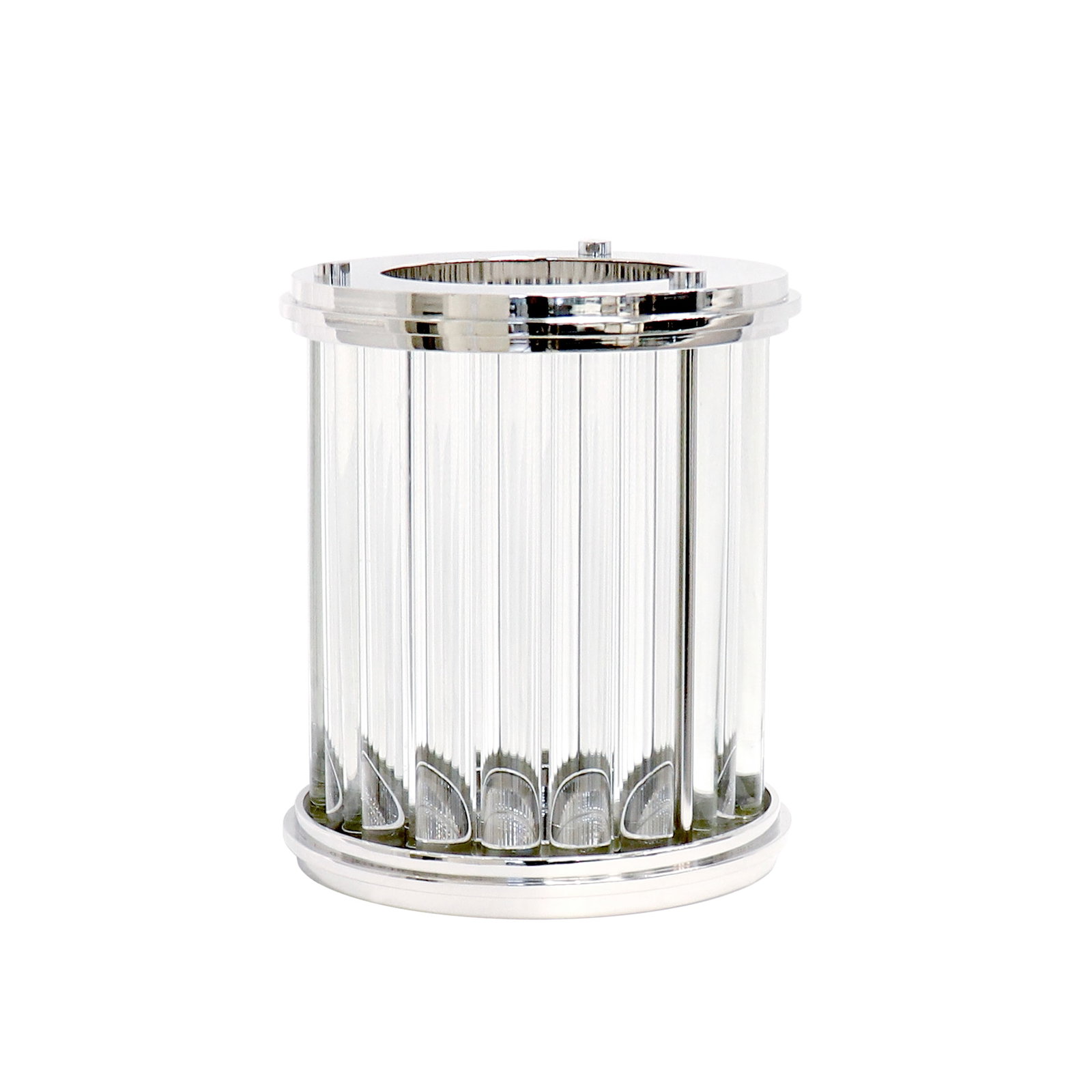 Lucian Lucite Polished Chrome Finish Hurricane: The Lucian hurricane brings art deco style and modern elegance to any room. Featuring a polished chrome finish paired with lucite, it adds height and visual interest to table or mantle displays. Avail