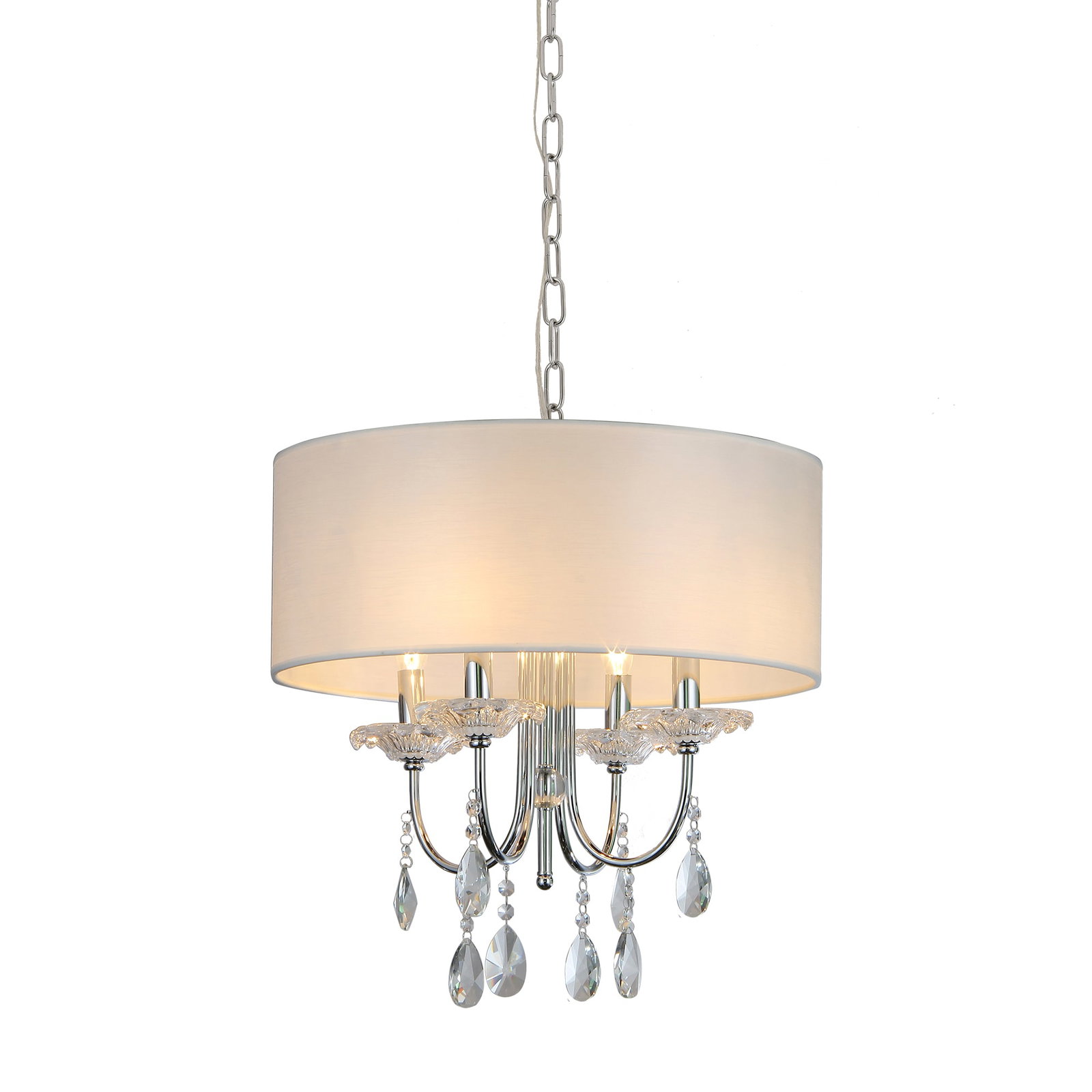 Bizet Glass Detailed & Polished Chrome Chandelier: The Bizet chandelier features a round shade housing four candle-style lights perched atop abstract glass detailing, with delicate glass droplets that catch and reflect light. Part of our Bliss Collect