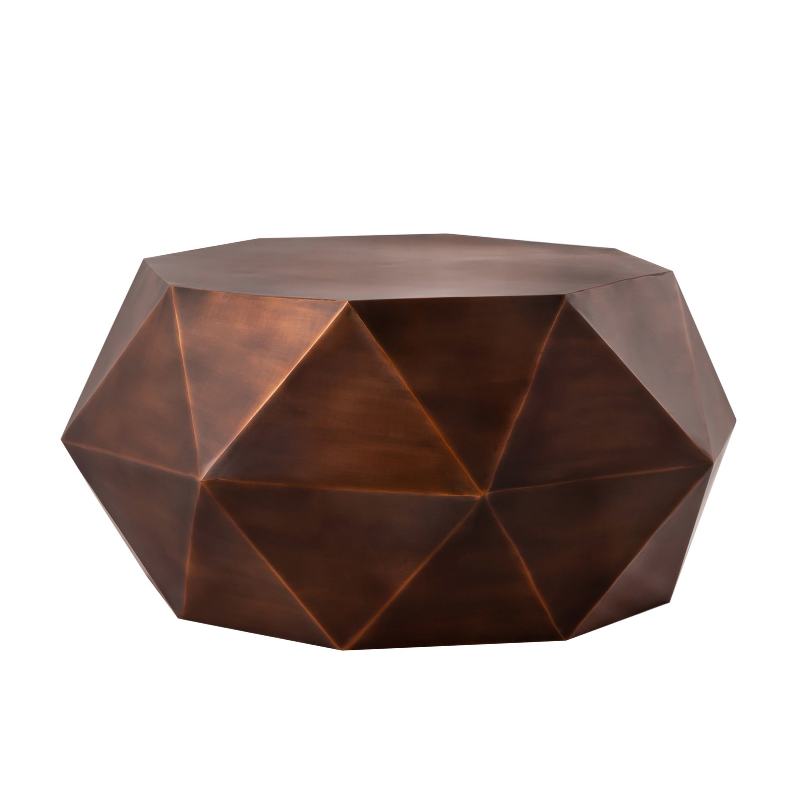 Kronos Diamond Shape Coffee Table, Copper: Modern geometry adds up to beautiful entertaining with the Kronos faceted coffee table. Crafted of iron with a brass finish. This coffee table is sophisticated piece of art with a designer look that c
