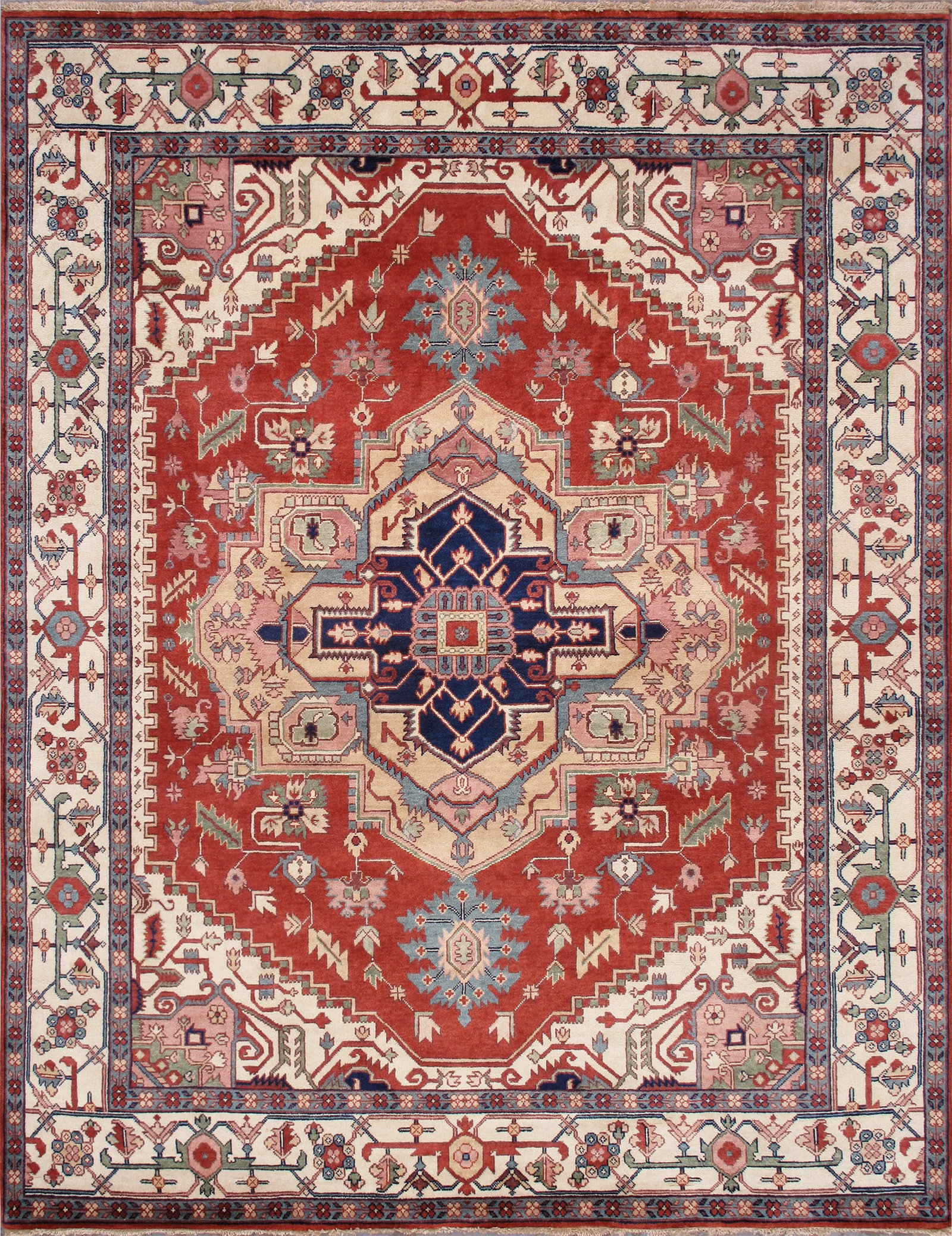 Serapi Hand-Knotted Lamb's Wool Rug, 4' 2'' X 6' 3'': A refined example of Indian craftsmanship inspired by traditional Serapi design, this rug features a classic medallion composition hand knotted from fine lamb’s wool. Rendered in a warm rust field w