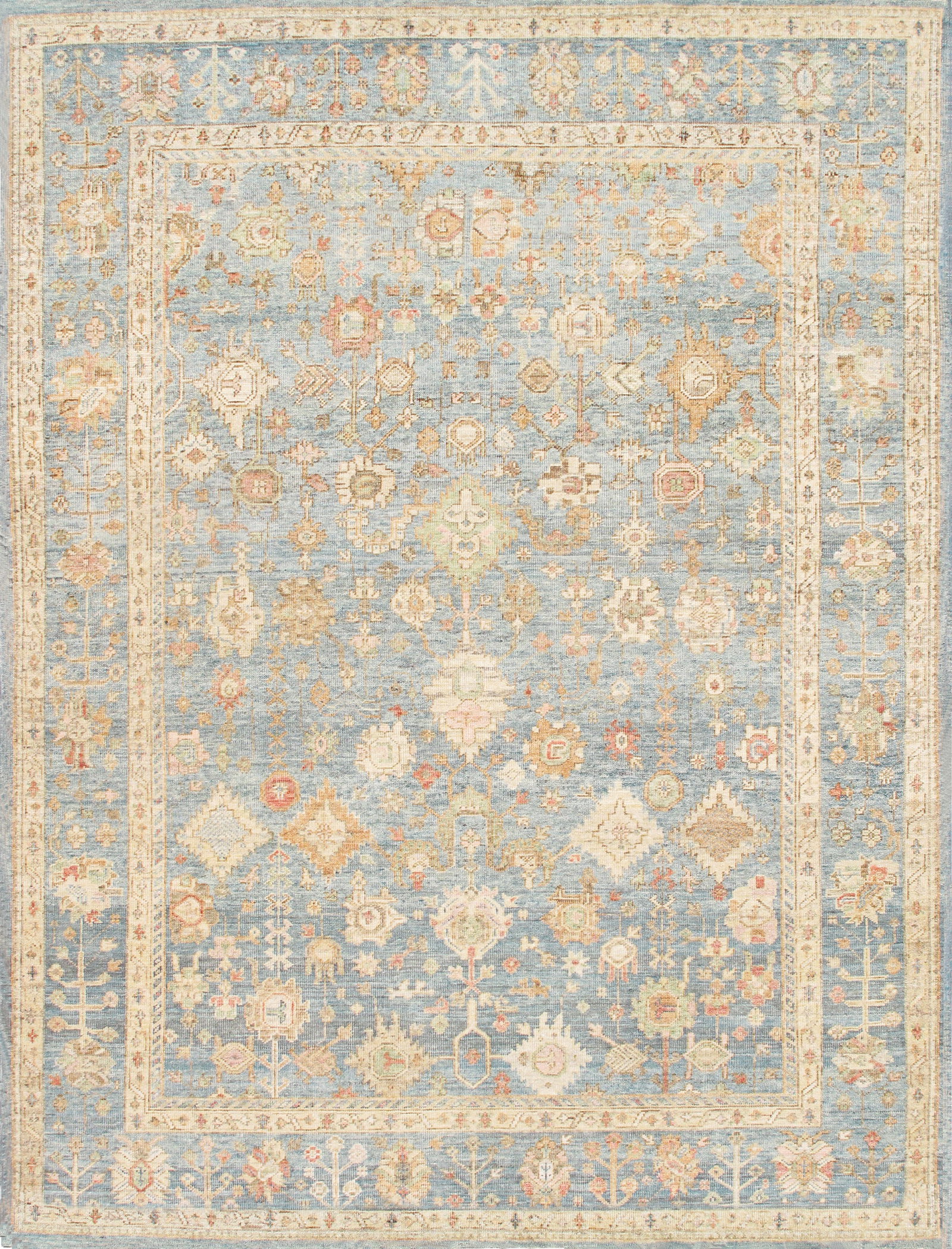Oushak Hand-Knotted Wool Area Rug- 8'11'' X 11'11'', L. Blue: The Oushak Collection reflects the enduring character of traditional hand-knotting, defined by its floral motifs and softened, tonal palette. Each rug is hand-knotted from hand-spun lamb’s wool, res