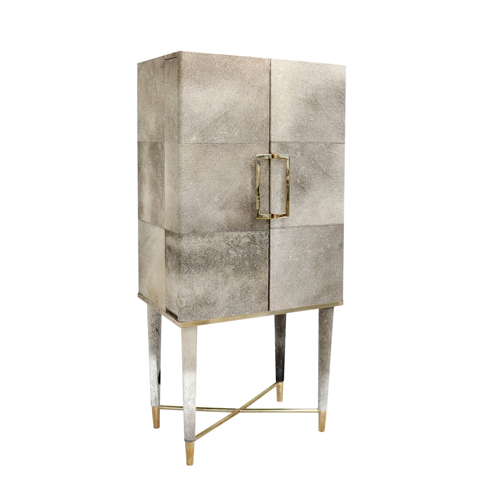 Safari Cowhide Bar Cabinet: A sophisticated blend of natural texture and modern elegance, this bar cabinet is upholstered in rich cowhide accented with luminous foil detailing that creates a subtle metallic shimmer. The organicp