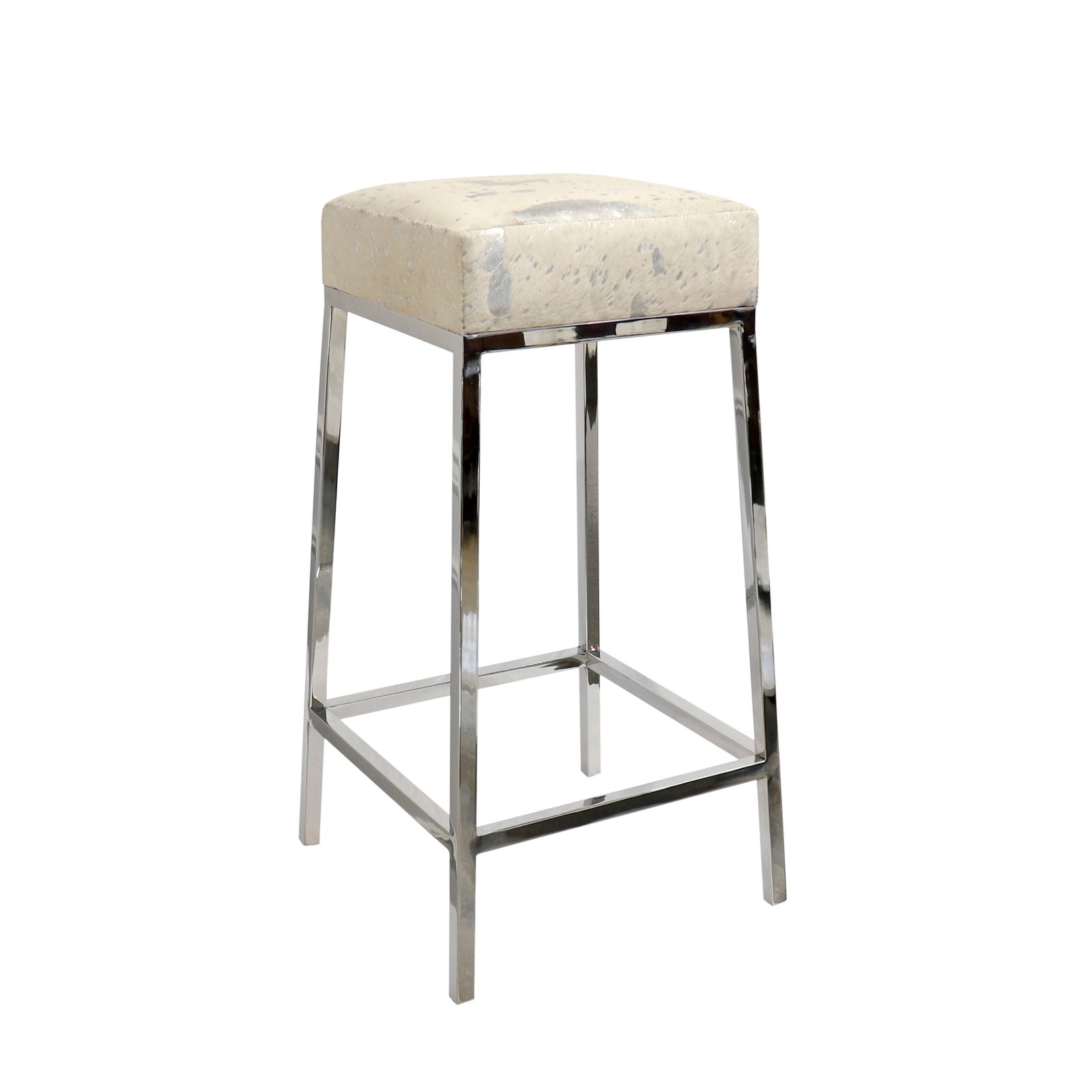 Safari Silver Foil Cowhide & Steel Bar Stool: A striking fusion of natural texture and contemporary glamour, this bar stool is upholstered in supplecowhide accented with luminous foil detailing that creates a subtle metallic sheen. The hide’s o