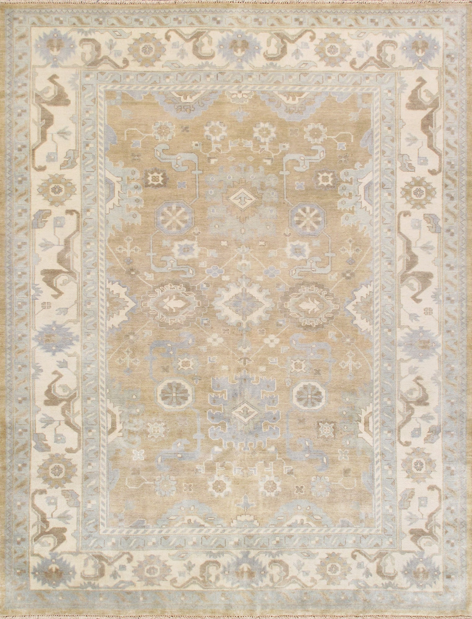 Oushak Hand-Knotted Wool Area Rug- 9' 1'' X 11'11'', L.Gold/Ivory: The Oushak Collection reflects the enduring character of traditional hand-knotting, defined by its floral motifs and softened, tonal palette. Each rug is hand-knotted from hand-spun lamb’s wool, res