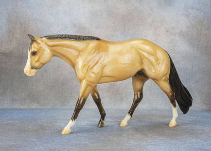 Zippo Pine Bar - Breyer Horse: An old favorite, this test run created for the BreyerFest Celtic Fling auction is done on Breyer mold #466 - Zippo Pine Bar. He's been finished as a glossy dapple buckskin. It is a Breyer test color a