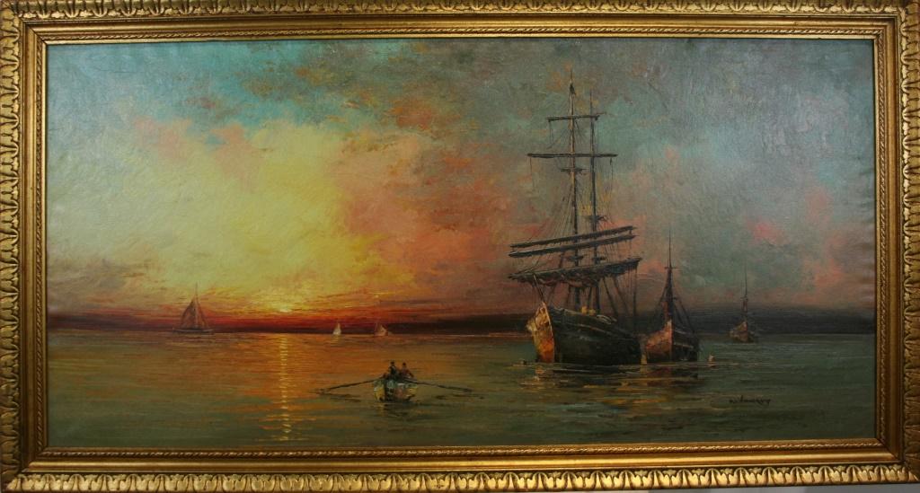 Out at Sea by V. Vennekamp: Beautiful colourful composition of boats at sea, and the stunning sunset behind them by European artist W. Vennekamp. Circa 1980. Oil on Canvas. Measures to be 22" x 46". Framed. Signed. This framed p