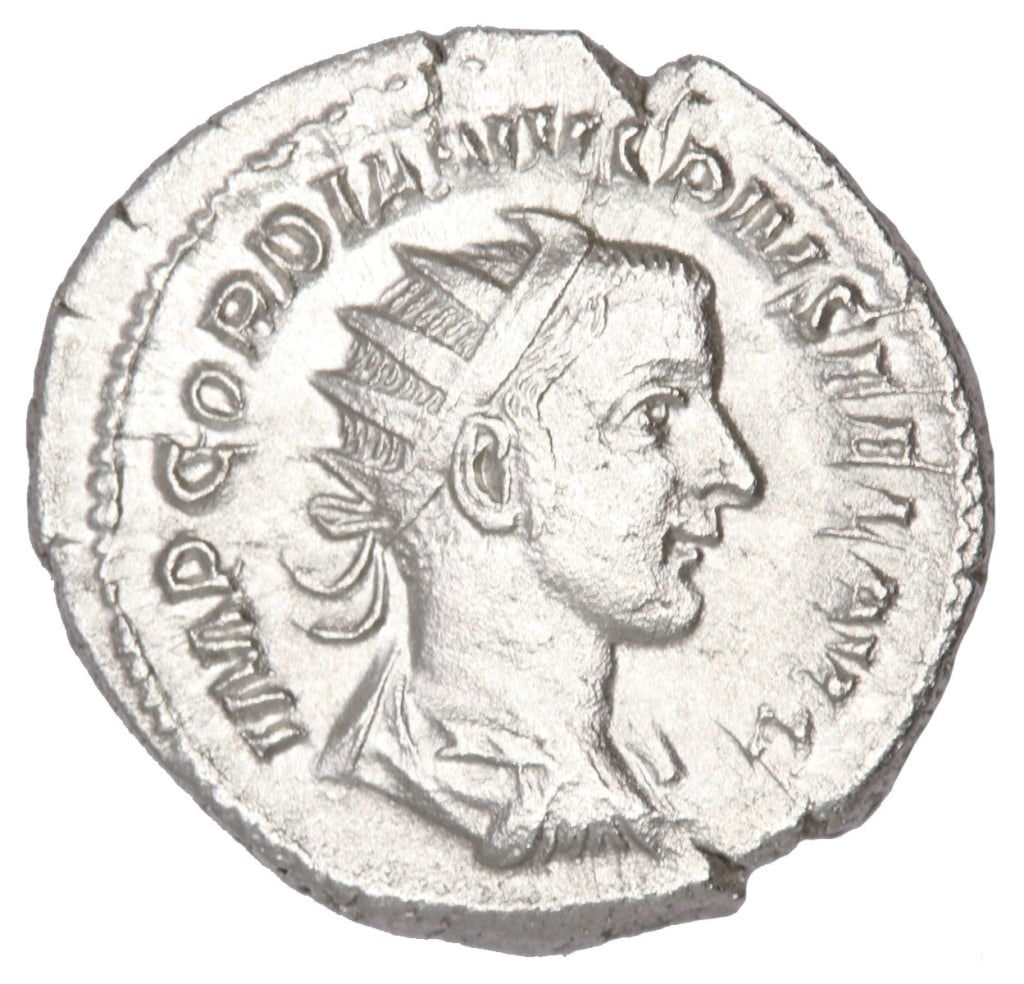 RGS VF Gordian III AR Double Denarius Roman Coin: Gordian III Date of Strike: 241-243 AD Mint: Rome Material and Type: AR Double Denarius Obverse: IMP GORDIANVS PIVS FEL AVG - Bust of Gordian III right, laureate, draped, cuirassed Reverse:VIRTVTI AVG