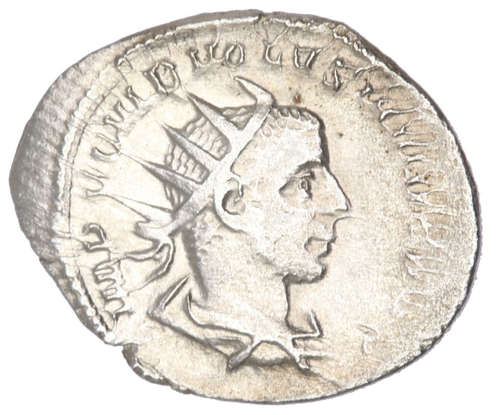 RGS F+ Volusian Double Denarius Ancient Roman Coin: Volusian Date of Strike: 251-253 AD Mint: Mediolanum Material and Type: AR Double Denarius Obverse: IMP C C VIB VOLVSIANVS AVG - Bust of Volusian right, radiate, draped, cuirassed Reverse: VIRTVS AVGG