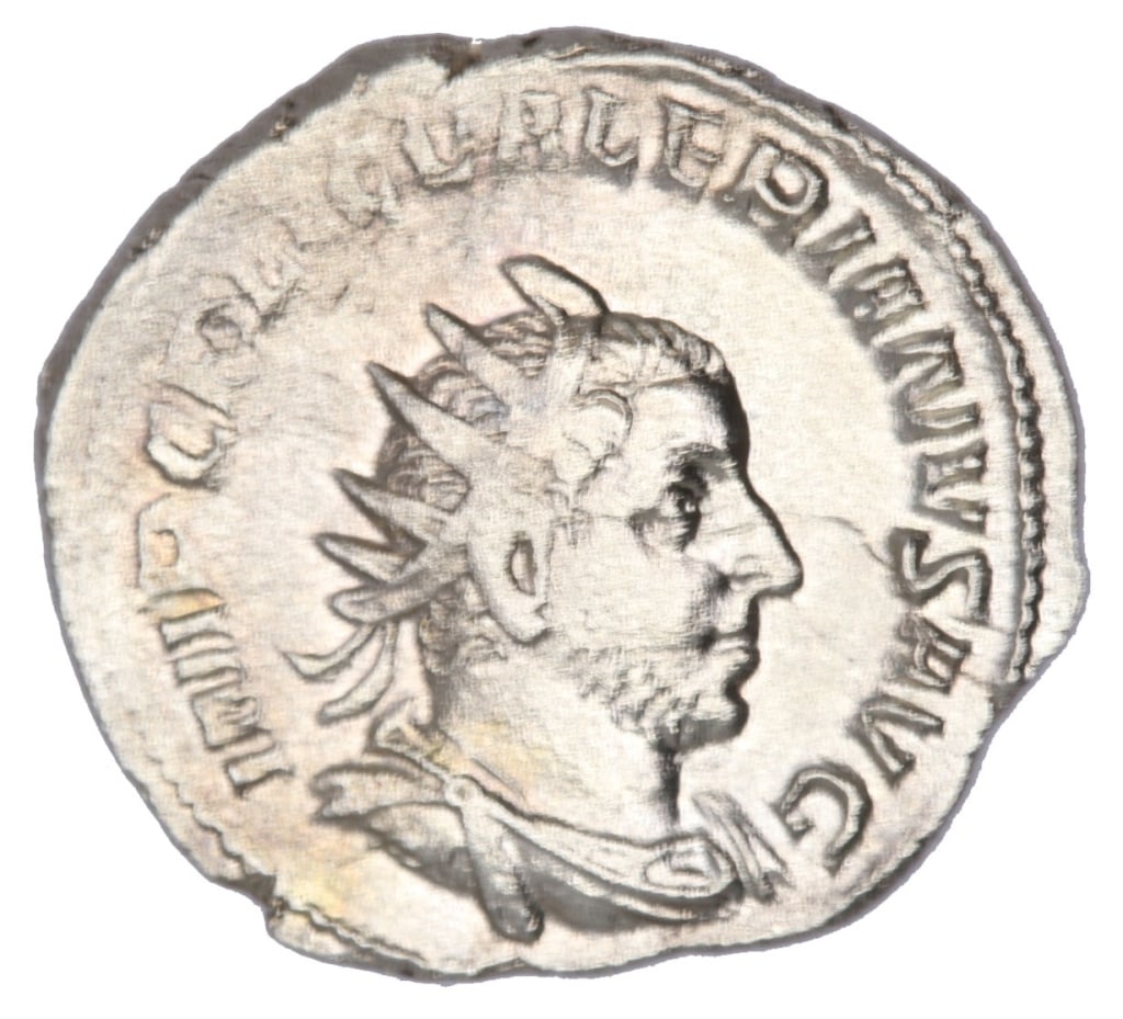 RGS F Valerian Double Denarius Ancient Roman Coin: Valerian Date of Strike: 254 AD Mint: Rome Material and Type: AR Double Denarius Obverse: IMP C P LIC VALERIANVS AVG - Bust of Valerian right, radiate, draped, cuirassed Reverse: VICTORIA AVGG - Victo