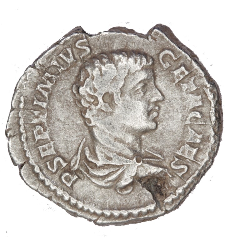 Geta AR Denarius Ancient Roman Coin: Geta Date of Strike: 203-208 AD Mint: Rome Material and Type: AR Denarius Obverse: P SEPTIMIVS GETA CAES - Bust of Geta right, draped Reverse: PONTIF COS - Minerva standing left, leaning on shield,hol