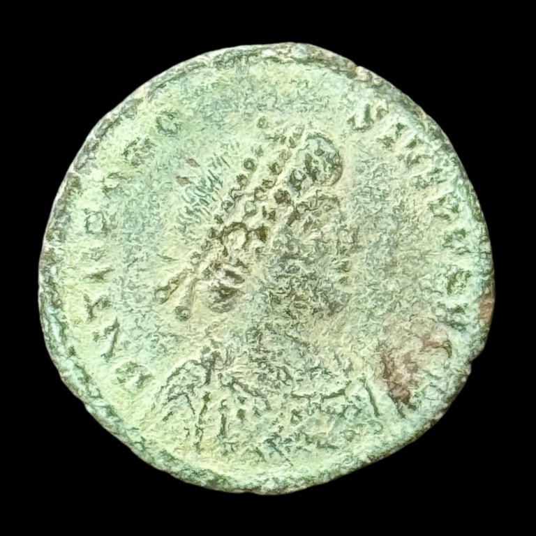 Theodosius I AE2 Ancient Roman Coin: Theodosius I Date of Strike: 383-388 AD Mint: Alexandria Material and Type: AE2 Obverse: D N THEODOSIVS P F AVG - Bust of Theodosius I right, pearl-diademed, draped, cuirassed Reverse: VIRTVS EXERCITI