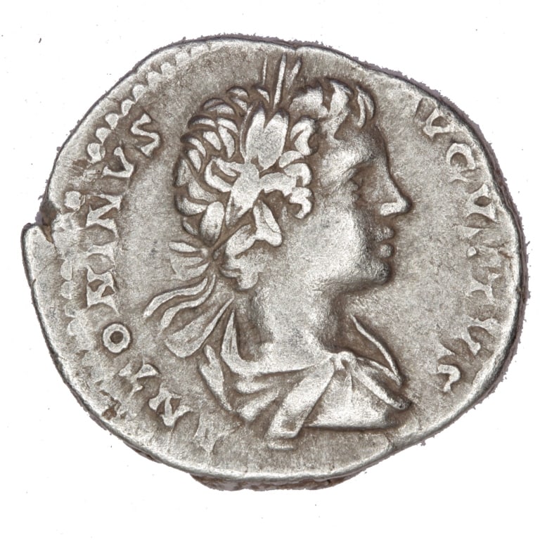 Caracalla AR Denarius Ancient Roman Coin: Caracalla Date of Strike: 200 AD Mint: Rome Material and Type: AR Denarius Obverse: ANTONINVS AVGVSTVS - Bust of Caracalla right, laureate, draped Reverse: PONTIF TR P III - Sol standing left, holding