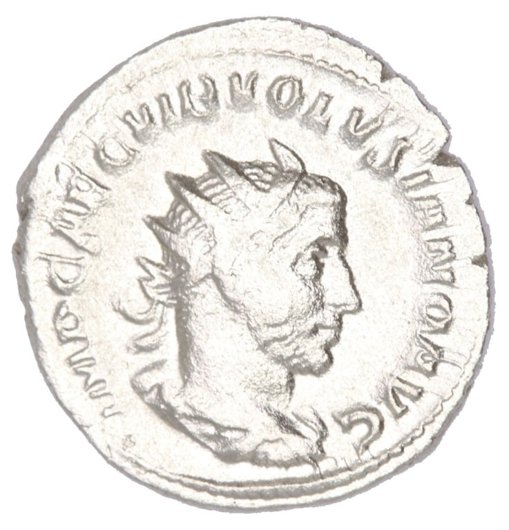 RGS F+ Volusian Double Denarius Ancient Roman Coin: Volusian Date of Strike: 253 AD Mint: Rome Material and Type: AR Double Denarius Obverse: IMP CAE C VIB VOLVSIANO AVG - Bust of Volusian right, radiate, draped, cuirassed Reverse: P M TR P IIIICOS II 