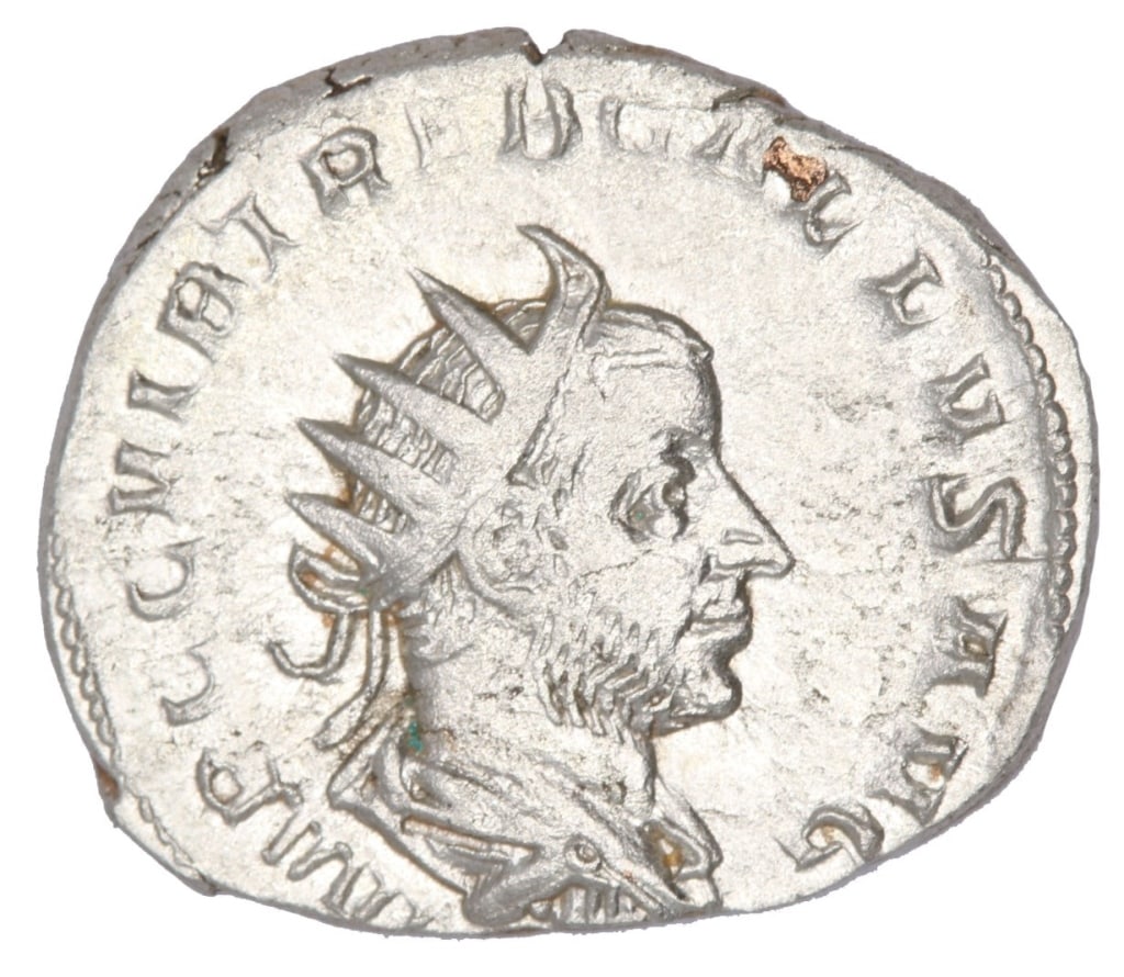 RGS VF Trebonianus Gallus AR Double Denarius Coin: Trebonianus Gallus Date of Strike: 251-253 AD Mint: Mediolanum Material and Type: AR Double Denarius Obverse: IMP C C VIB TREB GALLVS AVG - Bust of Trebonianus Gallus right, radiate, draped, cuirassed