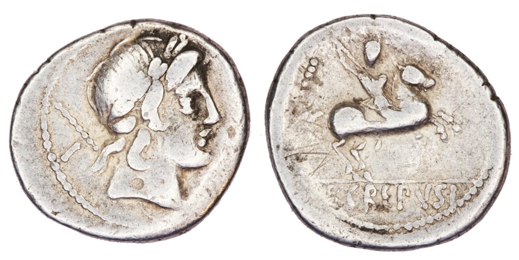 P. Crepusius AR Denarius Ancient Roman Coin: P. Crepusius Date of Strike: 82 BC Mint: Rome Material and Type: AR Denarius Obverse: - Head of Apollo right, sceptre and control letter behind, control symbol front Reverse: P CREPVSI - Horseman righ