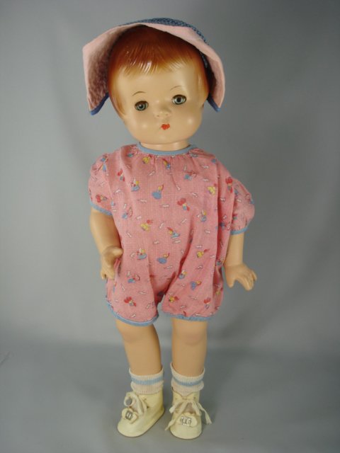 18" COMPOSITION PATSY ANN BY EFFANBEE: Marks: Effanbee//"Patsy Ann"//C (in circle)//Pat. #1283558 on back. Sleep eyes with real upper lashes, molded and painted hair. Jointed arms and legs. Wearing vintage romper, hat and socks, newer shoe