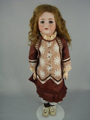 26" BRUNO SCHMIDT GERMAN CHILD DOLL/FLIRTY EYES: Marks: BSW (in heart)//14 on bisque socket head. Desirable flirty sleep eyes with thick upper lashes, open mouth with teeth, old human hair wig. Jointed wood and composition body with original worn fi
