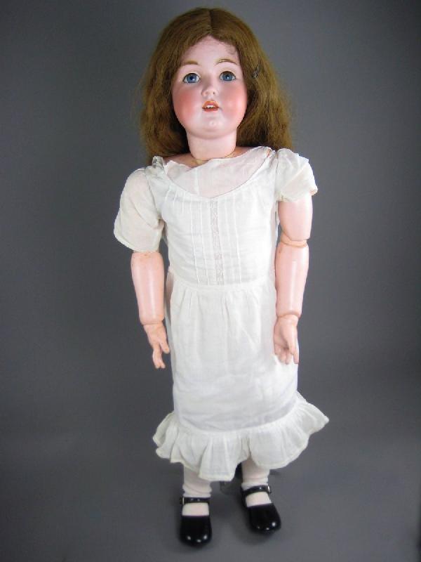 32" KESTNER 171 BISQUE HEAD DOLL: Marked "made in//16 /12 Germany 16 /12//171". Bisque socket head has blue threaded sleep eyes with human hair lashes, nicely molded brows, open mouth, antique human hair wig with sealed pate, signed K