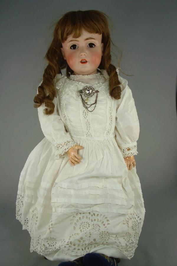 30" KESTNER 171 GERMAN BISQUE HEAD DOLL: Marked as shown on bisque socket head. Stationary eyes, open mouth with teeth, human hair wig. Jointed wood and composition body with separate balls at elbows and knees. Original finish, some repaint 