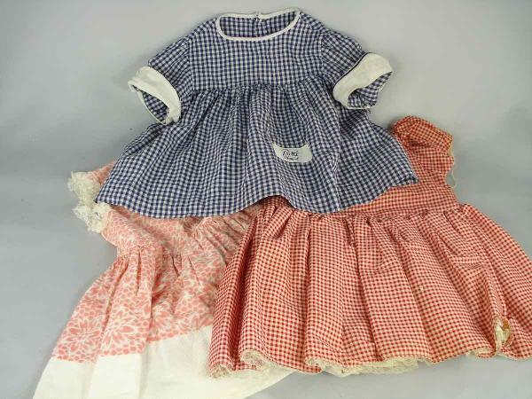 SIX VINTAGE DRESSES FOR PATTI PLAYPAL AND TYPES: One dress has Patti Playpal on the pocket; one dress is shown in the catalog. All six fit Patti Playpal family dolls. Hard to find!