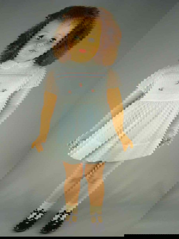 35" PATTI PLAYPAL AND FRIEND: Marks: Ideal Doll//35 on head; Ideal Doll in oval on back plus 35. Sleep eyes, rooted brown curls. Five-piece hard plastic body. Wearing untagged but likely original dress and shoes. Also 35" playpal