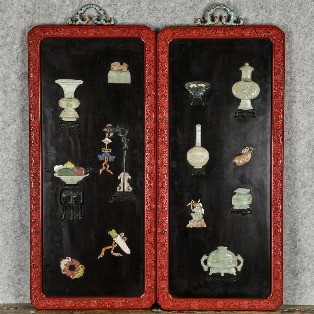 Four lacquer inlaid jade treasure screens (1 of 12)