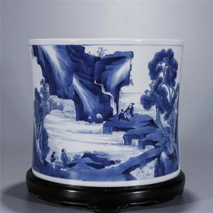 Blue and white landscape and figure BO GU drawing: Blue and white landscape and figure BO GU drawing porcelain brush pot.With old wood base.Diameter 19.6 cm, Overall height 19.5 cm, Height 17 cm.