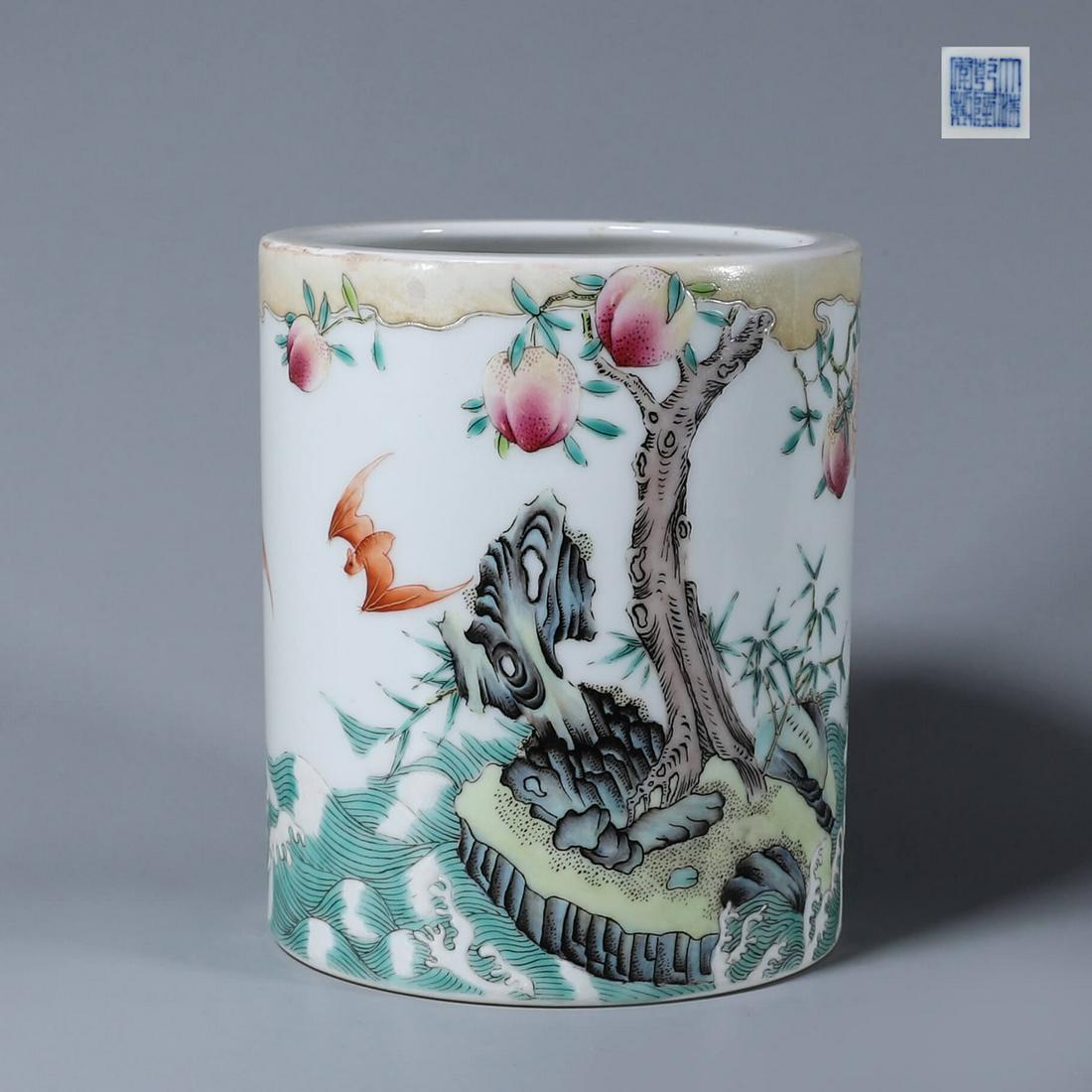 A famille rose flower porcelain brush pot (1 of 8)