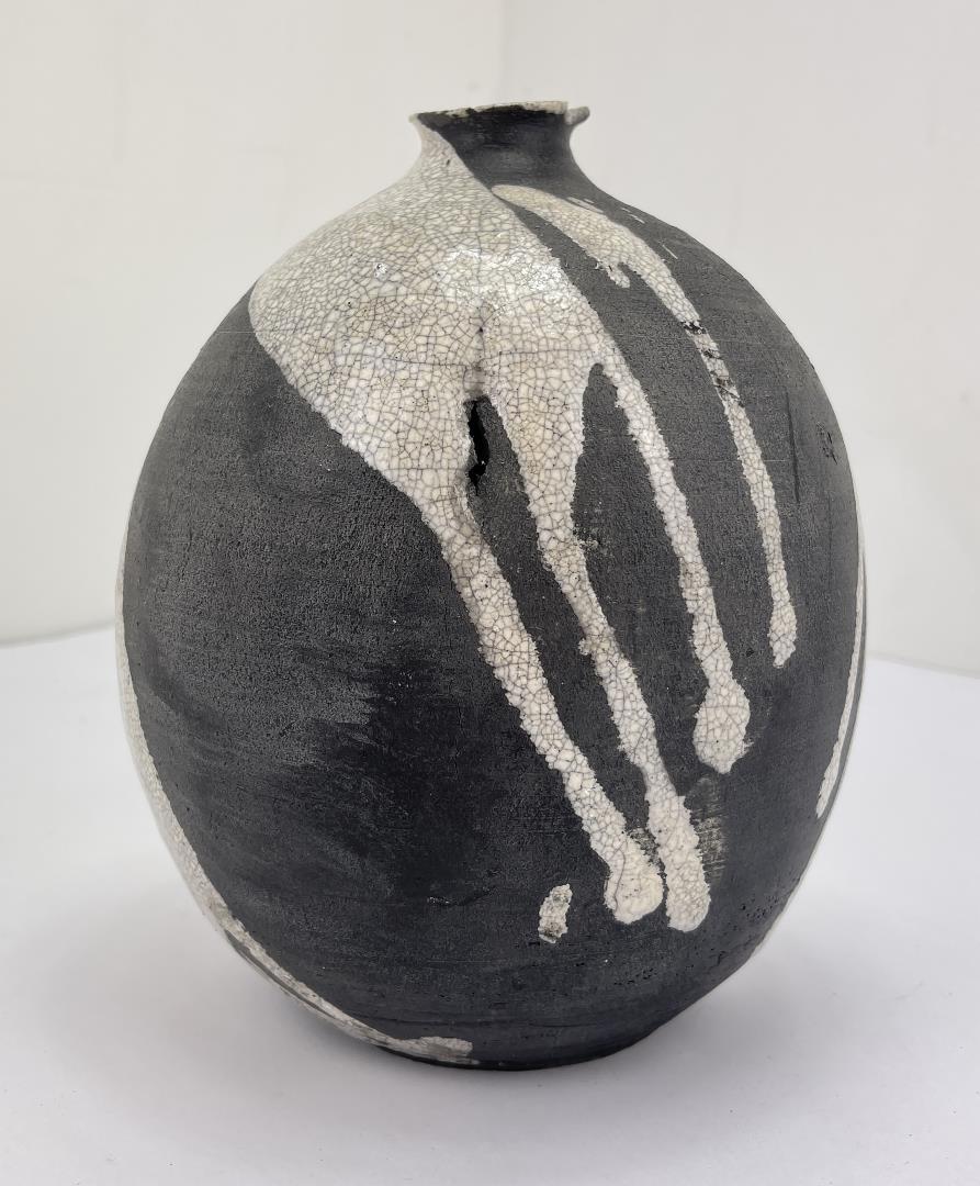Raku Crackle Studio Pottery Vase: Signed on the bottom with a chop mark as shown. 8" tall.