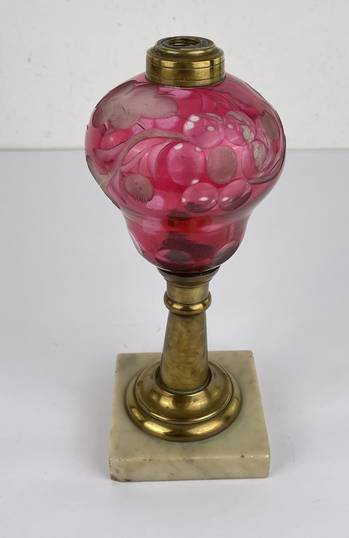 Cranberry Sandwich Glass Whale Oil Lamp: Very nice lamp base. Cut to clear cranberry. 10.5" tall. Possibly made by Boston & Sandwich.