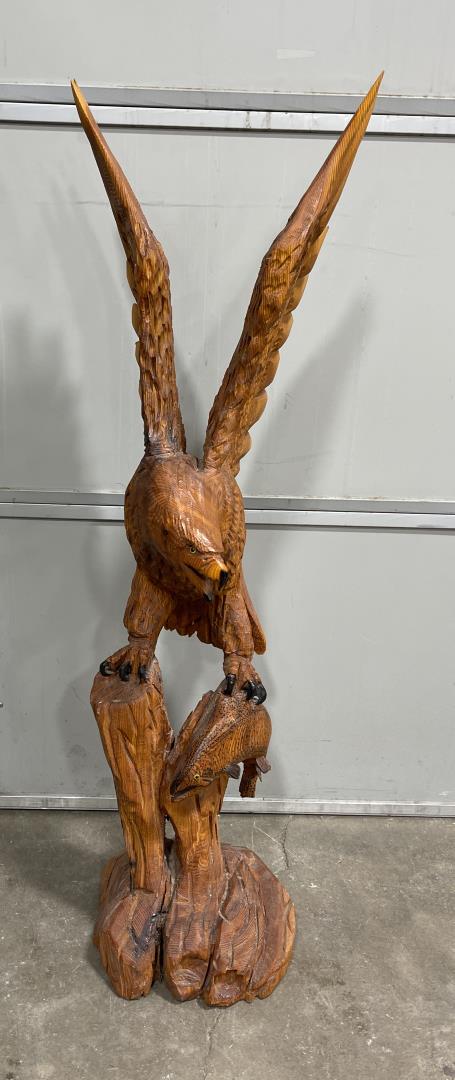 Chainsaw Carved Wood Eagle and Trout: Came out of the Heidelhaus in Missoula Montana. 49" tall, very large, will need to be shipped by our carrier.