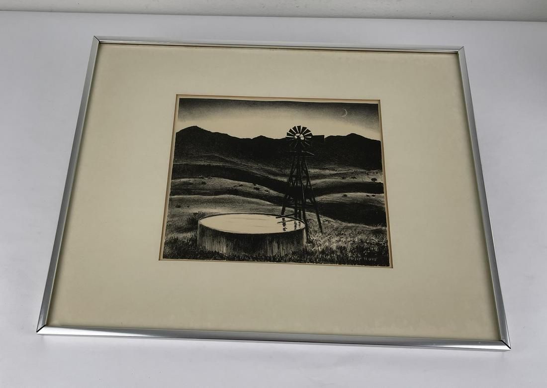Peter Hurd Print Santa Fe Water Tank: 15.5" by 19" framed. A regionalist painter known for his landscape, figure and genre paintings of New Mexico, Peter Hurd was especially focused on capturing light and atmosphere. His preferred medium 