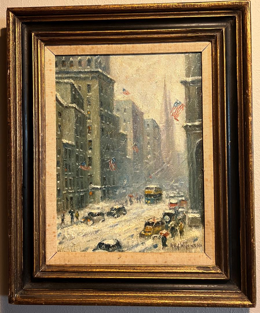 Guy Carleton Wiggins New York Stock Exchange: Oil on Canvas. Painting itself measures 12" by 16", and 18.5" by 22.5" framed. Image Depicts the Intersection of Williams and Wall Street in Winter. Signed Guy Wiggins NA. The work could benefit from