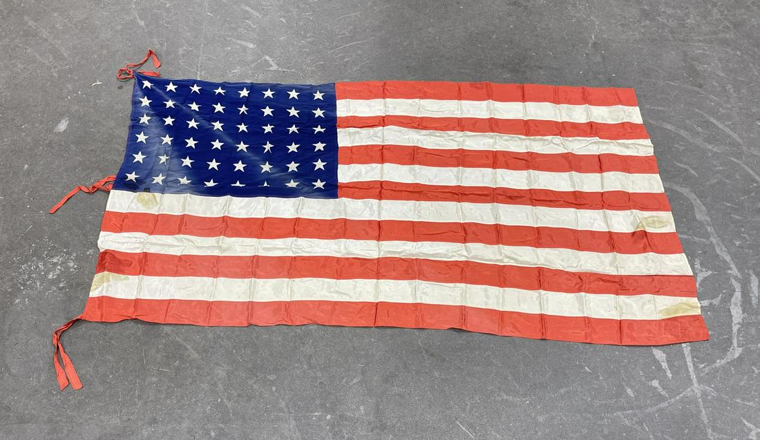 Silk WW2 48 Star US American Flag: Unusual to find in silk. As used in WW2. 30.5" by 58.25".