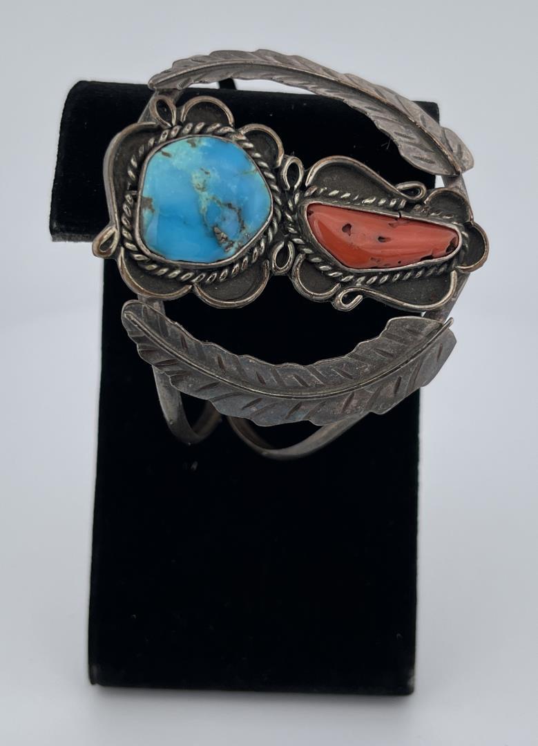 Navajo Turquoise Coral Sterling Silver Bracelet (1 of 5)