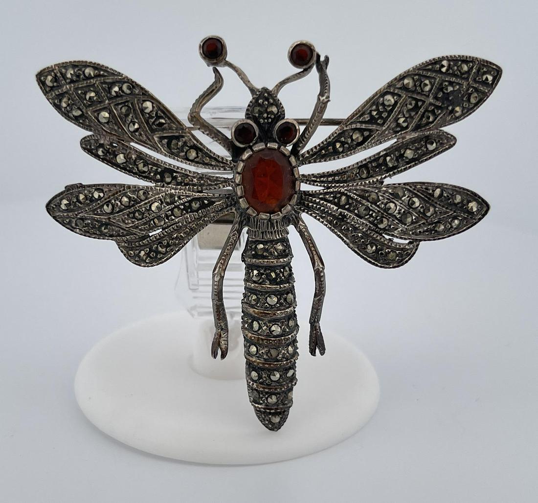 Sterling Silver Carnelian Dragonfly Brooch: 2.5" wide.