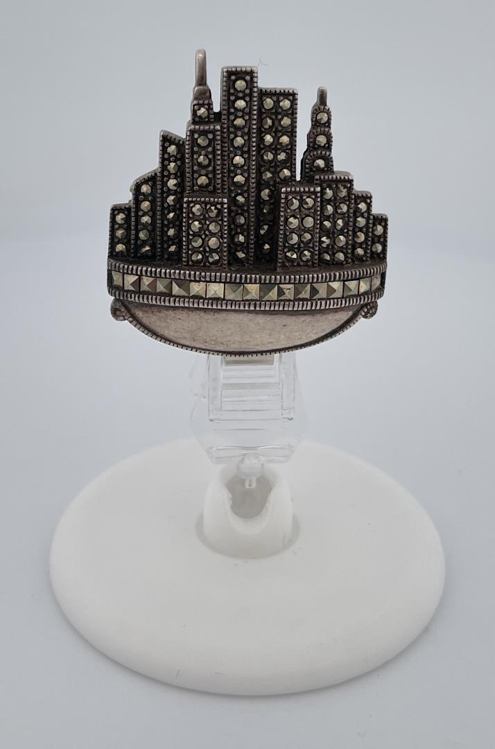 Sterling Silver Marcasite Cityscape Brooch: Could also be used as a necklace pendant.